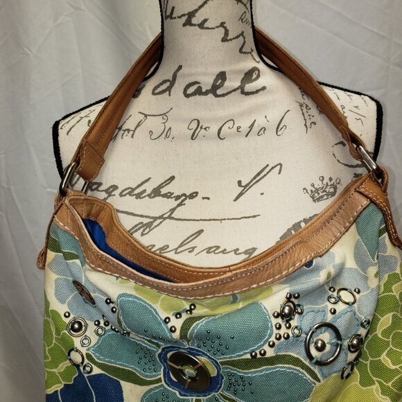 Fossil Floral Leather Blue Metal Womens Handbag Purse Pre-Owned - Picture 12 of 13